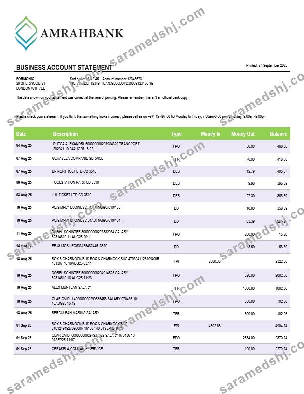 Amrahbank account business statement Word and PDF format